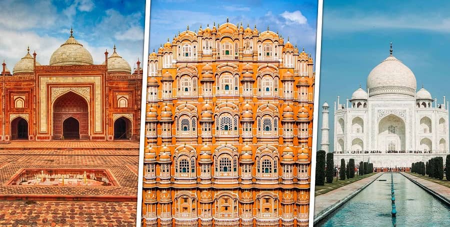 Amber Fort palace and walls over green hills in Jaipur